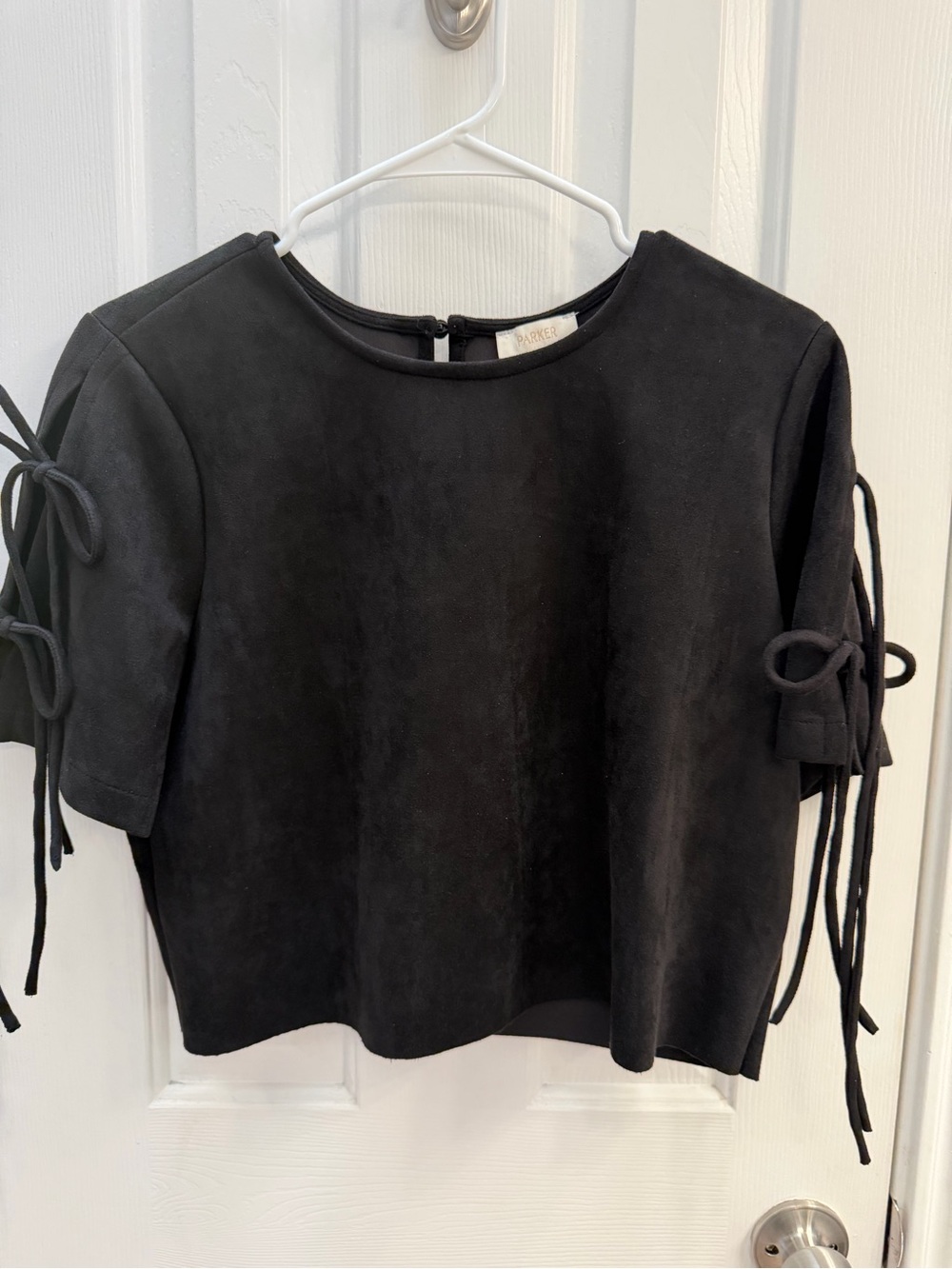 Parker Black Short-Sleeve Suede-Look Tie Sleeve Crop Top